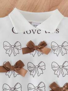 2pcs Baby Girl Sweet Spring/Autumn Outfit Set, 3D Bow Flutter Sleeve Sweatshirt With Coffee Polka Dot Puff Tulle Skirt, Lightweight Princess Style - White - View 4
