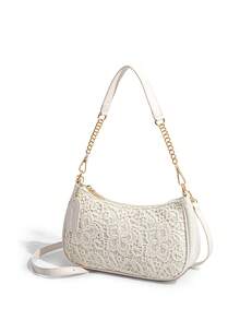 Gentle, Sweet And Fashionable Solid Color Shoulder Bag, Chain Shoulder Strap Splicing Design, Elegant And Exquisite Atmosphere Crossbody Bag. - White - View 9