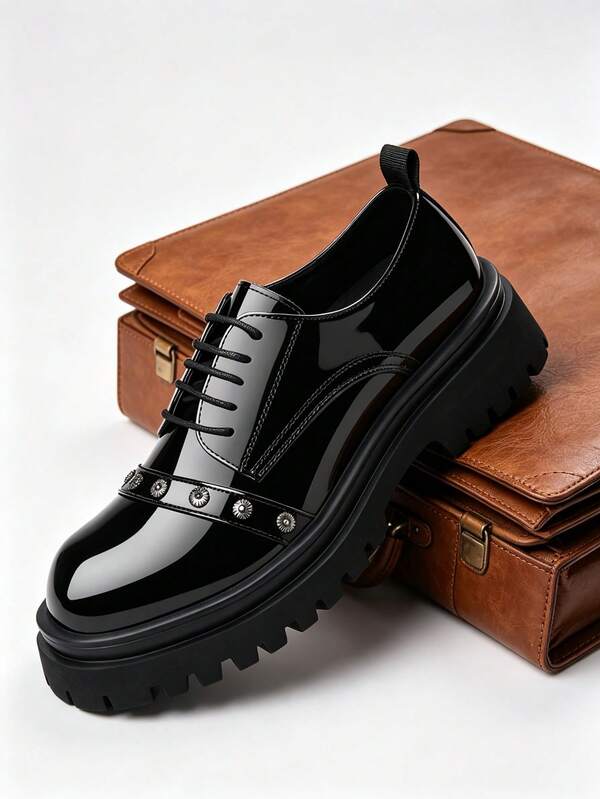 Men's Black Shiny Thick Sole Derby Shoes, Vintage Punk Rivet Decor Lace-Up Dress Shoes, Men's Casual Loafers, Couple Shoes, Men's Wedding Shoes, Black Shoes