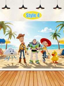 Disney 熱帶海灘生日派對背景布，椰子樹海洋全角色生日橫幅印刷攝影背景幕簾，抗皺加厚聚酯纖維材質，高畫質鮮豔生動角色印花 - 多款 - 查看 7