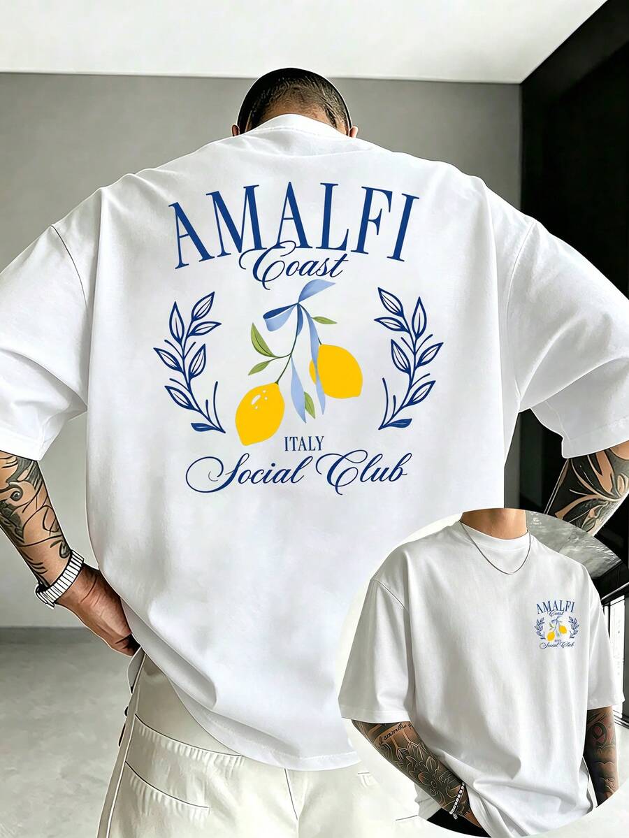 Oversized, Lemon Print, Retro Nostalgia, Summer Travel, Vacation Leisure, Unisex, Pure Cotton T-Shirt, Casual Streetwear Style, Relaxed Fit - White - View 1