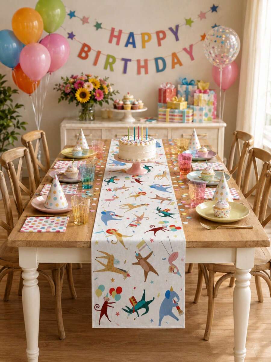 Animal Parade Theme Table Runner, Cute Circus Animal Table Runner, Rectangular Linen Tablecloth, Zoo Theme Birthday Party Table Decor, Baby Shower Table Runner, Reusable And Washable Dining Table Decor, Seasonal Kitchen Dining Home Decor - Multiple Styles - View 1