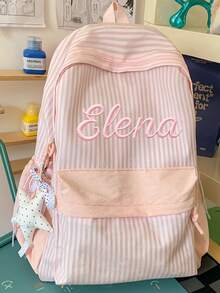(Embroidered Custom) Striped Backpack Large Capacity Lightweight Casual School Bag Student Bookbag INS Style Striped - Multicolor - View 3
