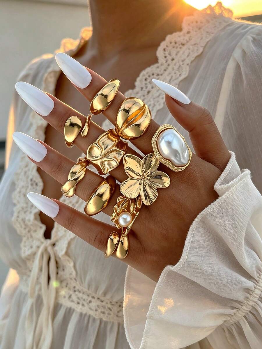 10pcs Fashion Minimalist Elegant Exquisite Vintage Design Multi-Layer Stackable Old Money Style Geometric Floral Irregular Texture Pleated Faux Pearl Cross-Twist Braided Water Drop Polished Minimalist Plain Metal Chunky Wide Rings Set For Holiday Vacation Party Date Gift Daily Commute Wear - Yellow Gold - View 1