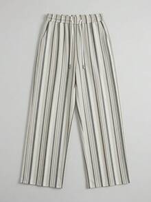 GRDR Men's Summer Striped Loose Drapey Casual Drawstring Elastic Waist Wide Leg Long Pants - Grey - View 5