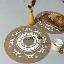 Natural Jute Round Placemats Christmas Reindeer Pattern Woven Heat Insulation Table Mats Rustic Farmhouse Dining Table Decor - Multicolor - View 6