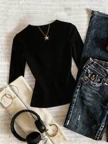 ENGU CO. Back To School Y2K Coquette Long Sleeve Top, Round Neck Lace Front Bow Single Breasted Slim Fitted Casual Shirt - Black - View 2