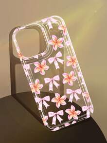 1pc Minimalist Fresh Watercolor Eggshell Pink Bow Pattern Non-Slip Transparent Air Cushion Soft Phone Case Compatible With IPhone 11/12/13/14/15/16/17 Pro Max - Multicolor - View 1