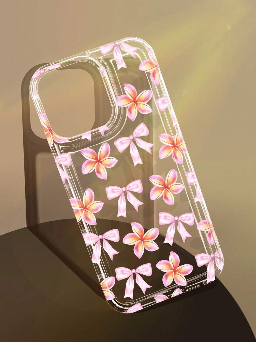 1pc Minimalist Fresh Watercolor Eggshell Pink Bow Pattern Non-Slip Transparent Air Cushion Soft Phone Case Compatible With IPhone 11/12/13/14/15/16/17 Pro Max - Multicolor - View 1