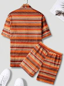 Men's Orange Vacation Style Half-Placket Short Sleeve Shirt And Shorts Set - Multicolor - View 5