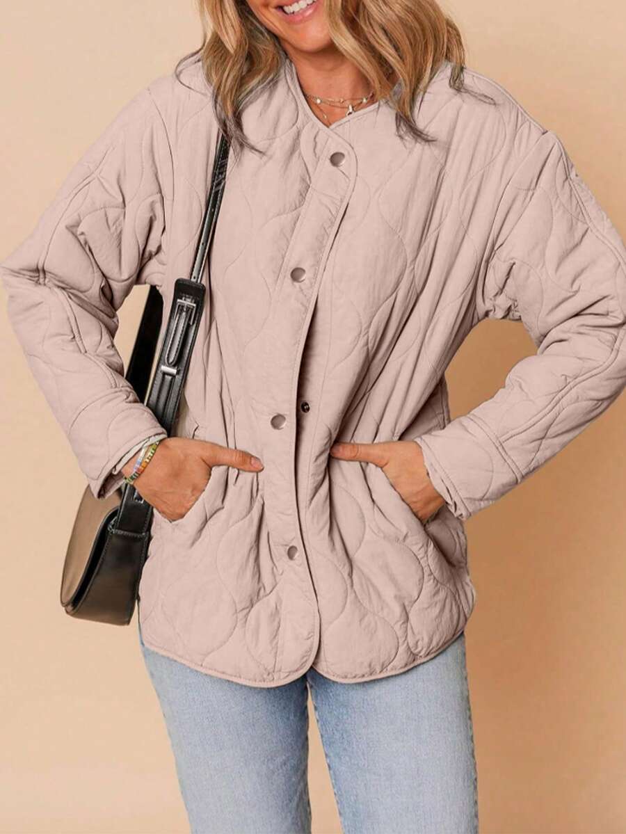 Jaket Kasual Wanita Warna Pink Berbahan Quilted Tanpa Kerah dengan Kancing Depan, Musim Gugur/Dingin - mawar coklat - View 1