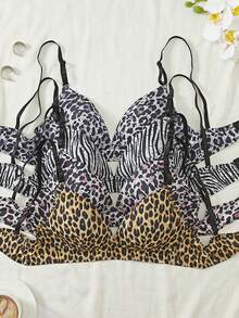 4-Piece Set Of Women's Leopard Print Three-Button Adjustable Shoulder Strap Bra With French Fixed Cups - Multicolor - View 6