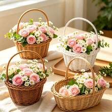 1pc Cute Mini Handmade Woven Rattan Flower Basket With Handle, Decorative Floral Container, Suitable For Fresh/Artificial Flower Arrangement, Wedding Table Centerpiece, Desk Ornament, Birthday Gift Basket, Party Indoor Home Photography Decoration Small Display Basket - Faux Rattan Woven Basket - View 1