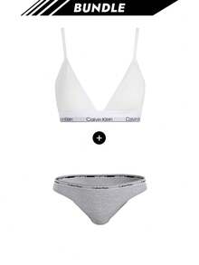 Calvin Klein [حزمة] حمالة صدر مثلثة بشعار أيقوني للنساء + سراويل داخلية قطنية حديثة للنساء - أبيض + رمادي فاتح - مشاهدة 1