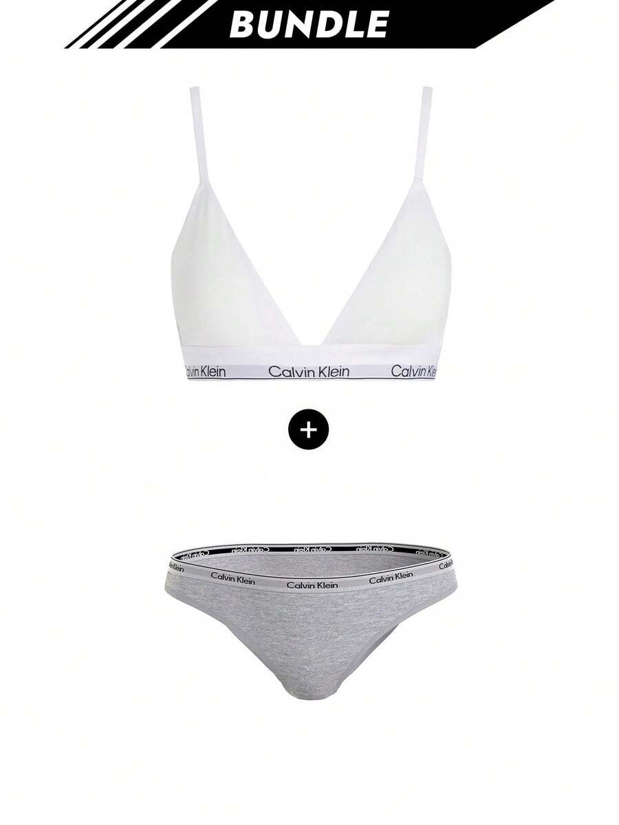 Calvin Klein [حزمة] حمالة صدر مثلثة بشعار أيقوني للنساء + سراويل داخلية قطنية حديثة للنساء - أبيض + رمادي فاتح - مشاهدة 1