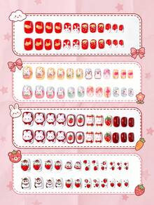 96pcs (4 Styles)/Box, Short Oval Cute Rabbit, Cat And Strawberry Pattern Nail Stickers, Sweet Style Press-On Nails - 彩色 - 查看 3