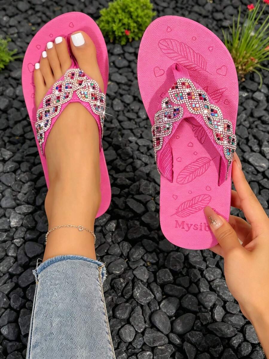 Women's Fuchsia Rhinestone Wave Pattern Thong Sandals, Full Rhinestone Toe Strap Beach Slippers, Summer Outdoor Anti-Slip Flat Slides - Hot Pink - View 1