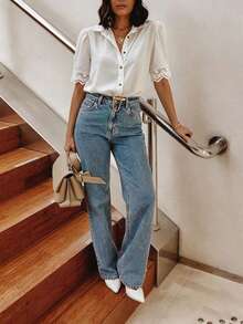 Women's White Button-Front Shirt With Contrast Lace Short Puff Sleeves, Shirt Collar, Regular Length Polyester Blouse Summer - White - View 4