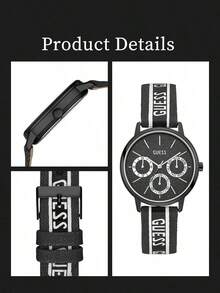 GUESS V1013M2 Matte Black Metal Three-Eye Multifunction Men's Quartz Watch, Glitter Black Dial With Black And White Vertical Stripe Print, Leather - Black - View 7