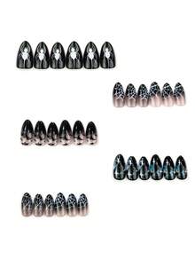 30pcs Dark Gothic Style Halloween Black Short Press On Nails Acrylic, Almond Shaped Nails Bat Spider And Web Glossy Decoration Design, Full Coverage, Press-On False Nails, Suitable For Women'S Holiday, Party And Dance Nail Decoration - Black - View 3