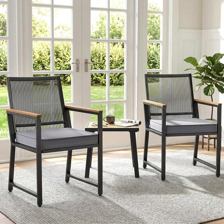 3 Pieces Bistro Set, Outdoor WPC Table & 2 Wicker Chairs With 7cm Waterproof Cushions, Rattan Garden Furniture Set For Patio Balcony Backyard - Dark Grey - View 1