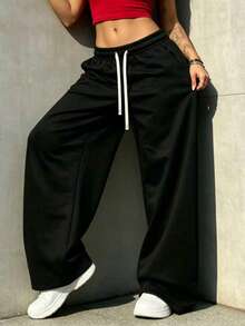 Autumn/Winter New Casual Versatile High Waist Elastic Waist Loose Wide Leg Sweatpants, Suitable For All Seasons Daily Wear, Gym Black Sports Fall - Black - View 1