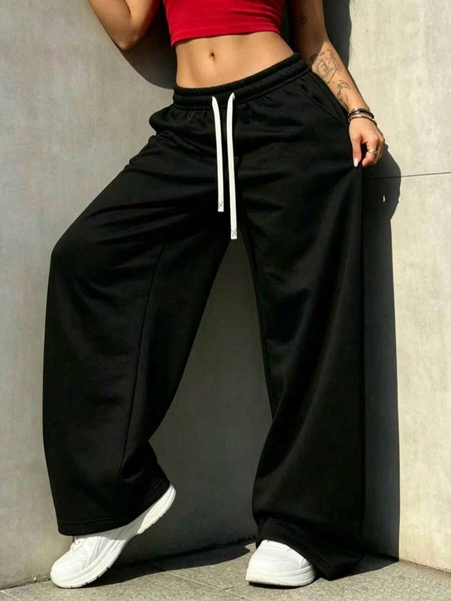 Autumn/Winter New Casual Versatile High Waist Elastic Waist Loose Wide Leg Sweatpants, Suitable For All Seasons Daily Wear, Gym Black Sports Fall - Black - View 1