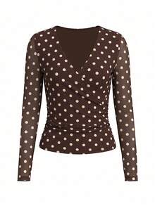 Women's V-Neck Polka Dot Pleated Slim Fit Versatile Daily Long Sleeve Top - Brown - View 7