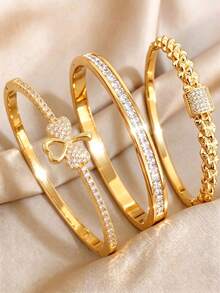 3pcs Assorted Styles Copper & Stainless Steel Bracelet Set, Gold-Plated Everyday Versatile Jewelry, Skin-Tone Friendly, Elegant Inlaid Stackable Bracelets, Brightening Effect, Exquisite Gift For Best Friend, Suitable For Various Style Outfits - Gold - View 5