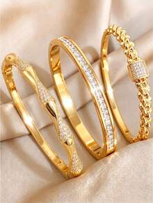 3pcs Assorted Styles Copper & Stainless Steel Bracelet Set, Gold-Plated Everyday Versatile Jewelry, Skin-Tone Friendly, Elegant Inlaid Stackable Bracelets, Brightening Effect, Exquisite Gift For Best Friend, Suitable For Various Style Outfits - Gold - View 9