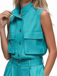 Setelan Wanita Warna Polos Terbaru Musim Semi/Panas, Atasan Tanpa Lengan Kerah Mandarin + Celana Panjang Lebar, 2 Potong, Pakaian Elegan - Biru langit - View 3