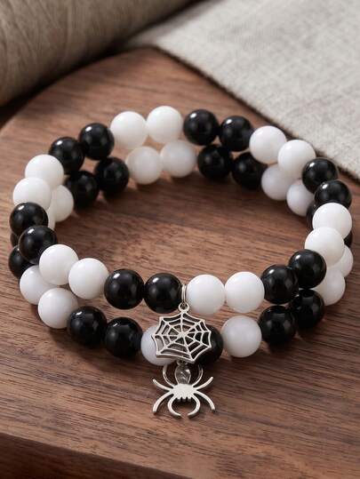 ZIRUISP 2Pcs Spider Web Spider Charm Matching Couple Bracelets For Women Men, Elastic Stretch Beaded Bracelet, Gothic Punk Halloween Jewelry Friendship Gift
