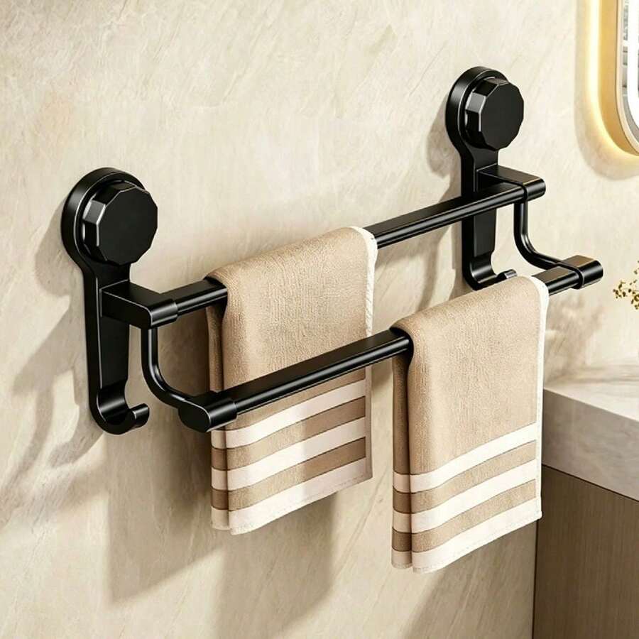 1pc Upgraded Strong Suction Cup Double Bar Towel Rack, No-Drill Wall-Mounted Bathroom Kitchen Hanging Bar, Space-Saving Kitchen Storage Solution, Double Bar Design, Minimalist Rack, Rust-Proof Material, Towel Rack, No-Drill Bracket