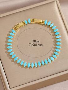 1pc Copper Zirconia Decorated Classic Tennis Chain Bracelet, Multi-Size Turquoise Inlaid Design Bracelet, Minimalist Versatile Style, Suitable For Women's Daily, Bar, Travel And Other Occasions - Gold - View 8