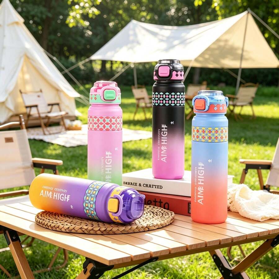 Gradient Frosted Sports Water Bottle, Push-Button Pop-Up Straw + Portable Strap, 1L Large Capacity Leak-Proof Travel Cup, Geometric Print Highly Attractive Water Bottle, Suitable For Outdoor Camping, Hiking, Office, Daily Use, 4 Gradient Colors Available - Multicolor - View 1