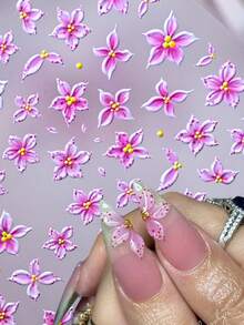 1pc Pink Leopard Print Polka Dots Lily Flower Nail Sticker Charms,Cute 5D Soft Embossed Self Adhesive Five-Petaled Flower Floral Nail Art Decals,Gentle Style, Fresh Spring Floral Patterns, Spring And Summer Nail Art, DIY Decoration For Daily/Date/W - Multicolor - View 3