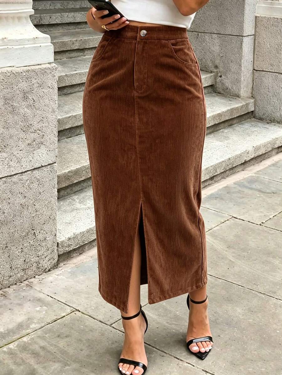 Plus Size Women's Elegant High Waist Bodycon Corduroy Skirt With Pockets, Suitable For Spring/Autumn Commute, Office And Daily Wear - Coffee Brown - View 1