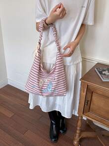 新款韓式格紋帆布女款包，刺繡星星設計，單肩斜跨托特波希米亞包，適合通勤與百搭穿搭 - 紅色 - 查看 4