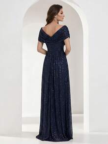 YISIKADO Women's Shiny Elegant Double V-Neck Ruched Evening Dress - Navy Blue - View 2