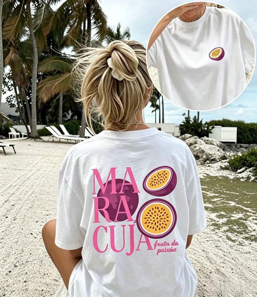 Damen Passionsfrucht Buchstaben Muster Rundhals Kurzarm Lässig T-Shirt - style2 - 查看 1