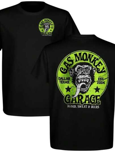 Gas Monkey Garage Neon Green Monkey Graphic Tee Vintage Retro Car Lover Shirt Cotton Short Sleeve Streetwear  Gift For Him