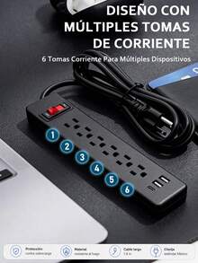 Power Strip With 6 Outlets, 2 USB + 1 Type-C, 1.8m - US A Type Plug(110-127V) - View 3