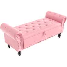 Storage Bench 133cm, Velvet Fabric Storage Box, Indoor Footstool, Bed Bench, Storage Chest With Armrests For Living Room, Bedroom, Hallway - Pink - View 6