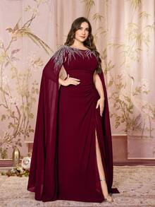 SUPGIR Round Neck Leaf Pattern Heavy Beaded Embroidery Decorated Elegant Chiffon Formal Evening Gown - Burgundy - View 5