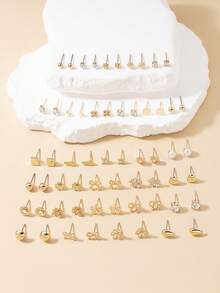 30 Pairs Women Metal Tree, Shell, Pearl, Heart Shaped Earrings Set, Gift - Yellow Gold - View 3