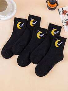 5 pares de calcetines de media caña para mujer de Halloween, con patrón de luna y murciélago, lavables a máquina - negro, adecuados para fiestas de Halloween y uso diario, calzado festivo, diseño de calcetines peculiar, material de calcetines cómodo - Multicolor - Ver 1