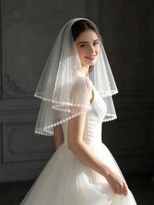 1pc Minimalist Double Layer White Bridal Veil With Lace Trim And Faux Pearls, Hair Comb, Suitable For Wedding Dress And Marriage Accessories - White - View 4