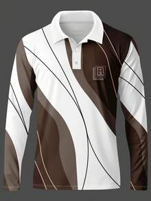 Men's Retro Contrast Color R Letter Print Wavy Pattern Long Sleeve Polo Shirt With Collar And Buttons - Multicolor - View 5