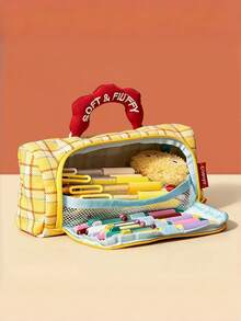 1pc Soft Handle Plaid Print Pencil Case, Large Capacity Stationery Storage Bag, Durable Thickened Fabric Zipper Portable Pencil Pouch, Layered Compartment Design Can Hold Ruler, Neutral Pen, Eraser, Highlighter, Compass And Other Writing Tools, Gentle Healing Cute Animal Pattern With Multiple Color Options, Suitable For Students, Teenagers, Office Workers, Travelers - Multicolor - View 4