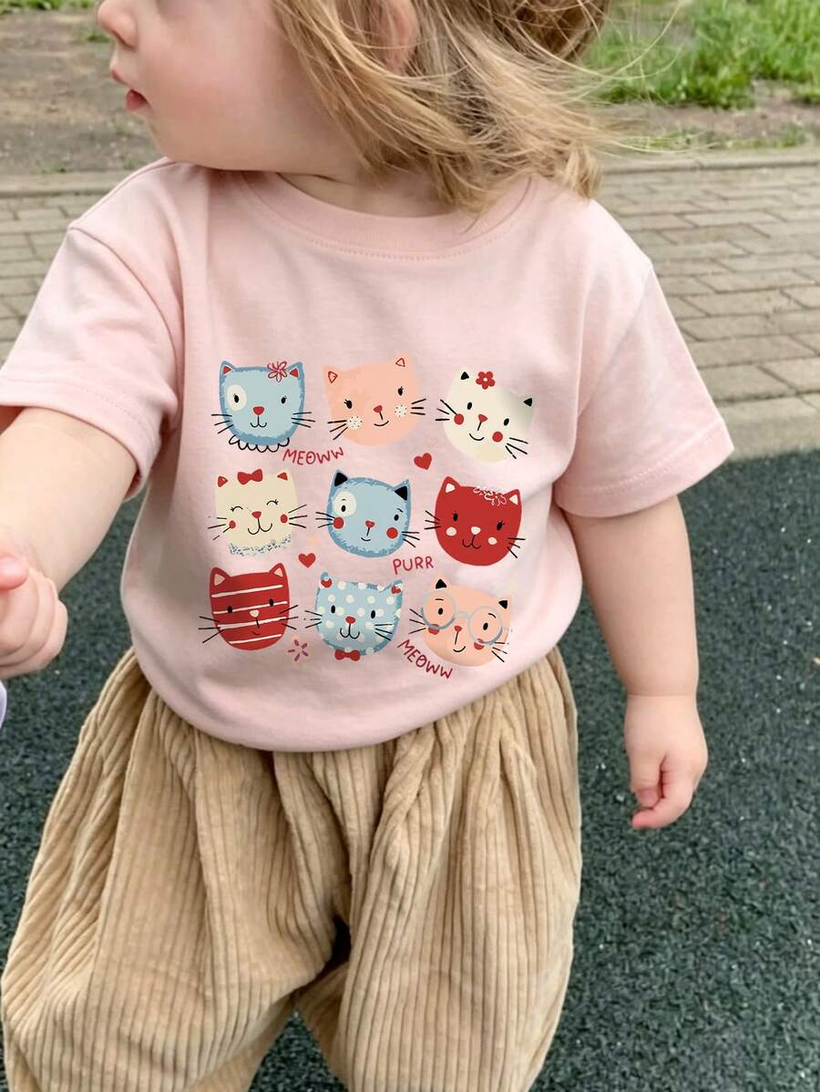 Kaos Lengan Pendek Leher Bulat Potongan Longgar untuk Anak Perempuan, Atasan Dasar Lembut Kasual untuk Sehari-hari - Berwarna merah muda - View 1